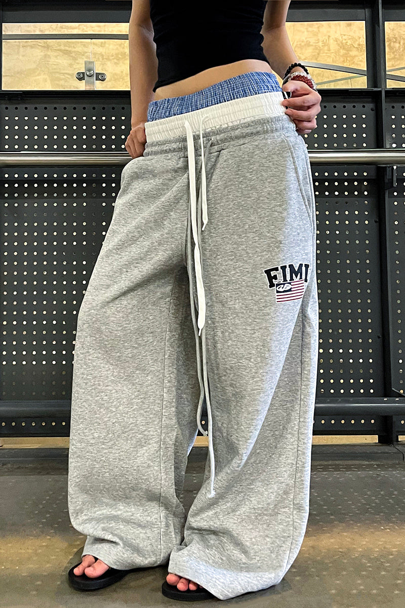 Faux Triple-Waist Embroidered Sweatpants