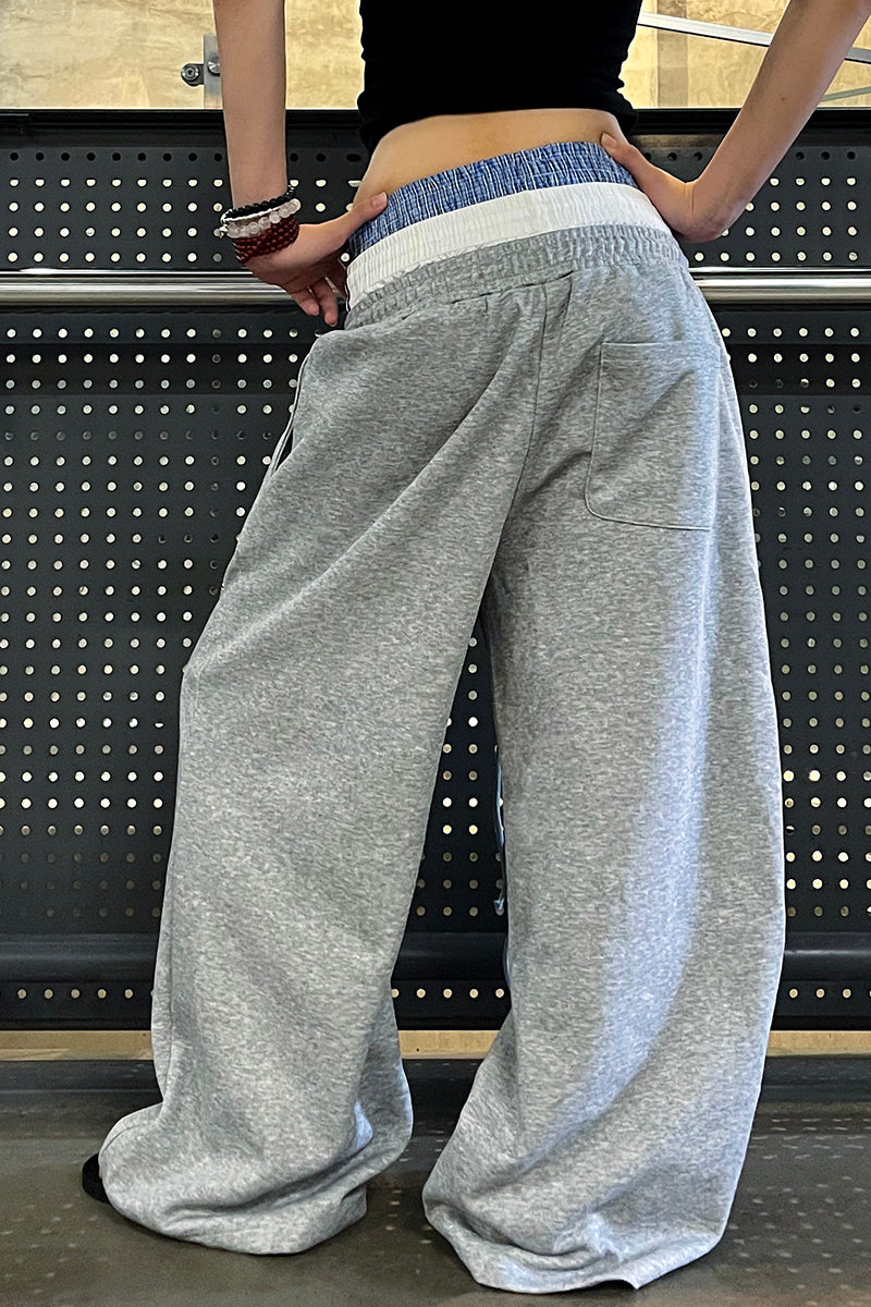 Faux Triple-Waist Embroidered Sweatpants
