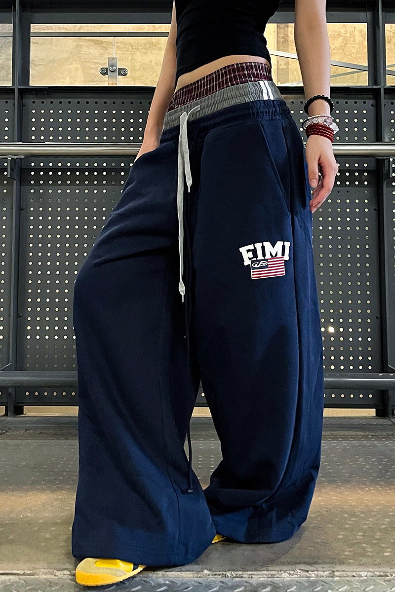 Faux Triple-Waist Embroidered Sweatpants