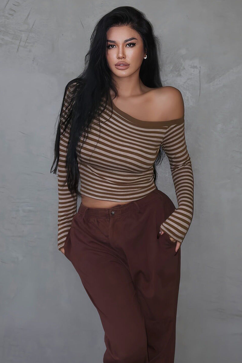 Colorblock Off-Shoulder Long-Sleeve Top