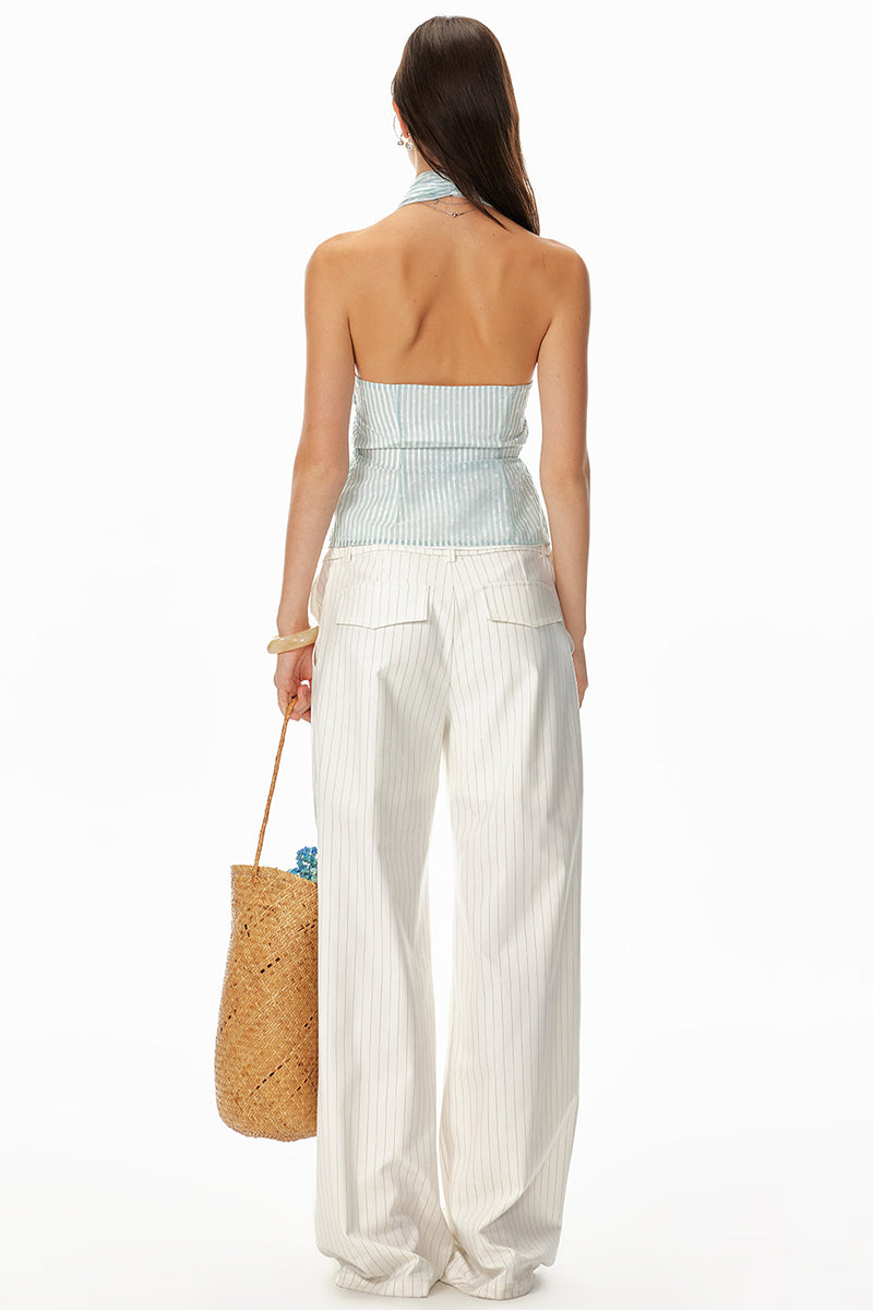 Backless Mesh Striped Halter Top