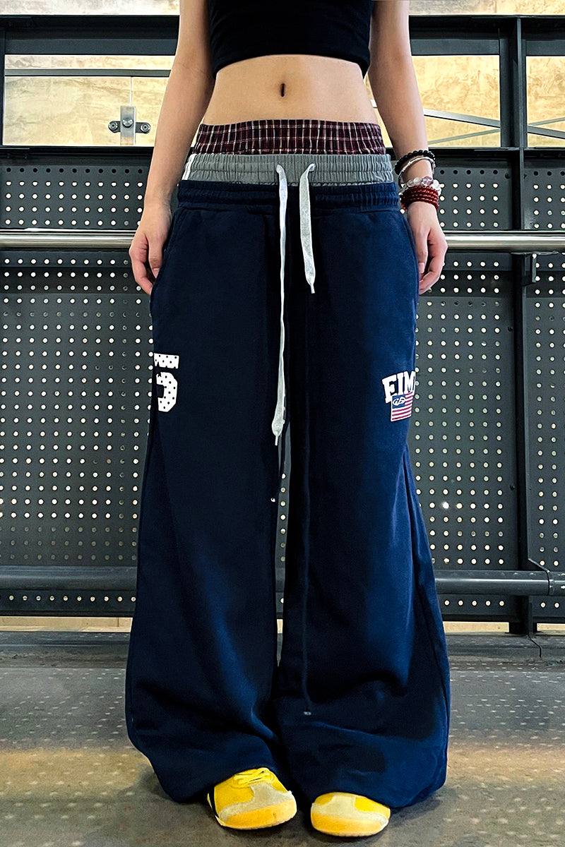 Faux Triple-Waist Embroidered Sweatpants